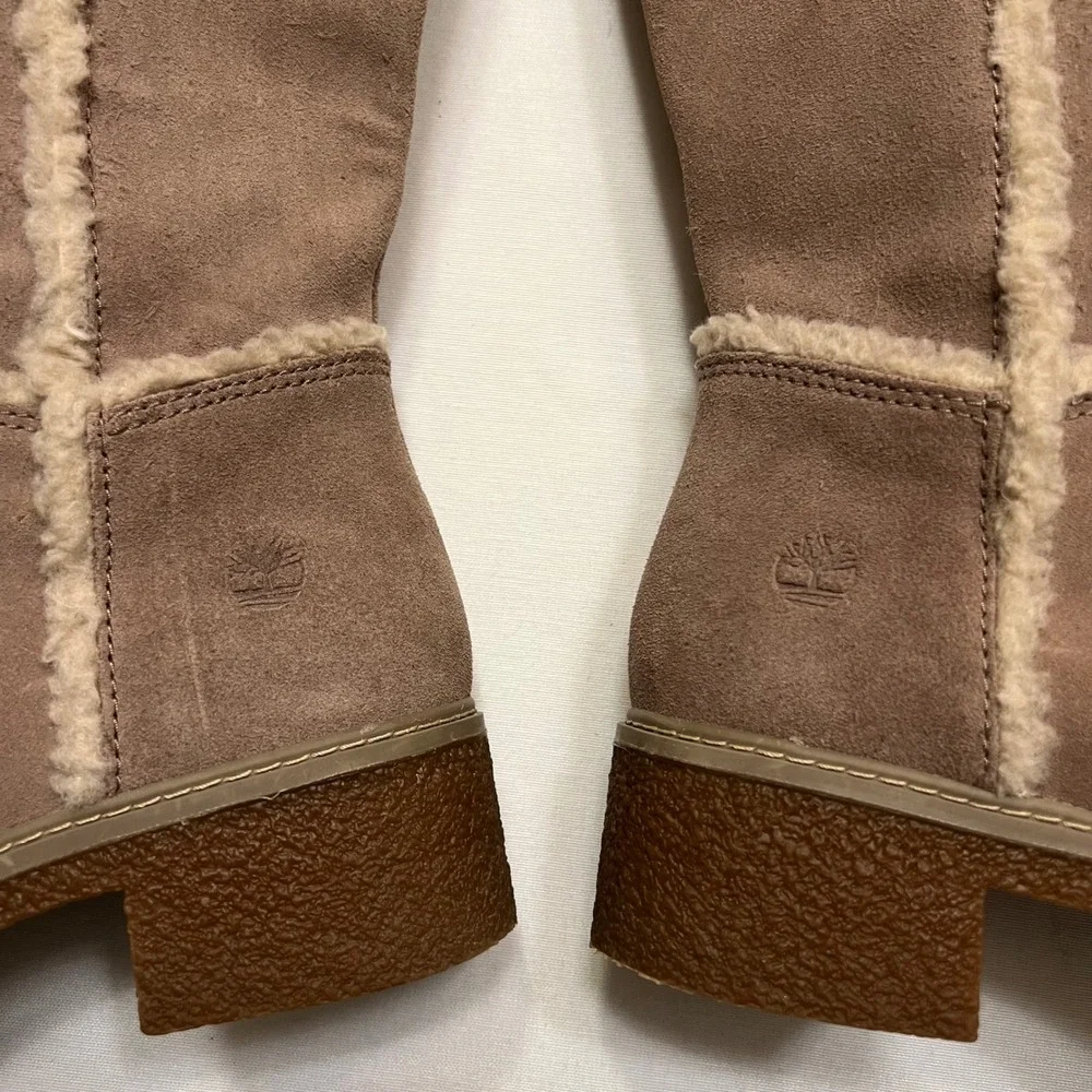 Timberland Taupe Suede‎ Shearling Pom Pom Nordic Boho Cozy Tall Boots Size 7.5